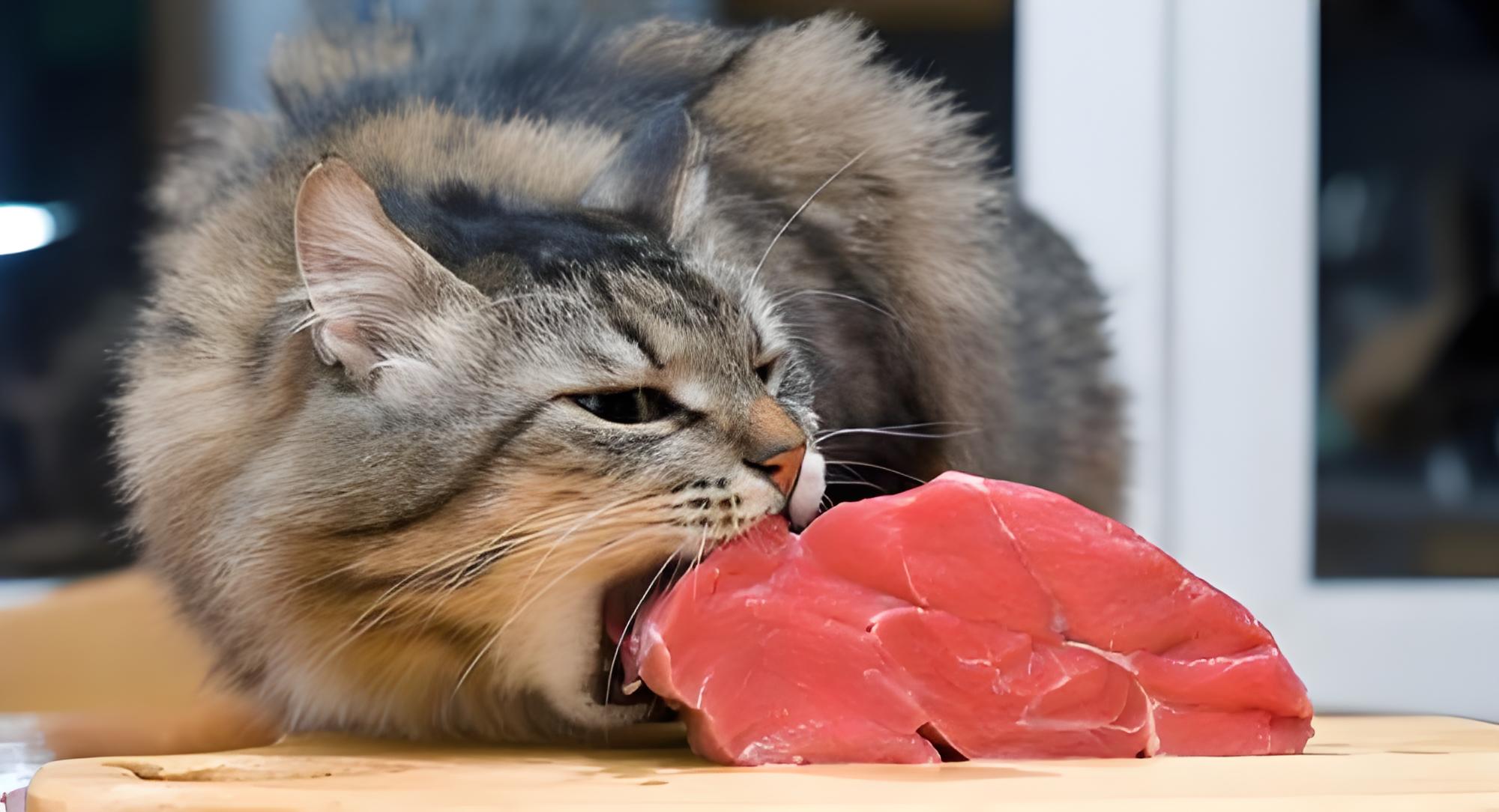 A cat eating big raw meat