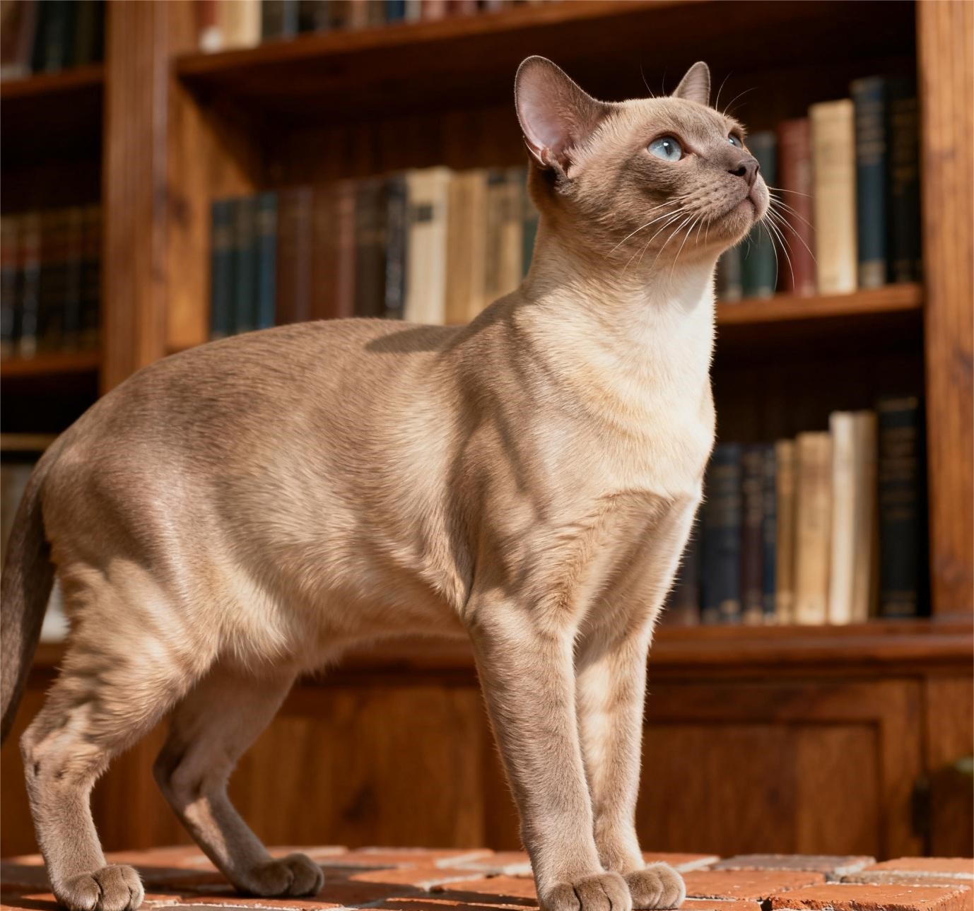 A tonkinese cat with shiny short hair and blue eyes