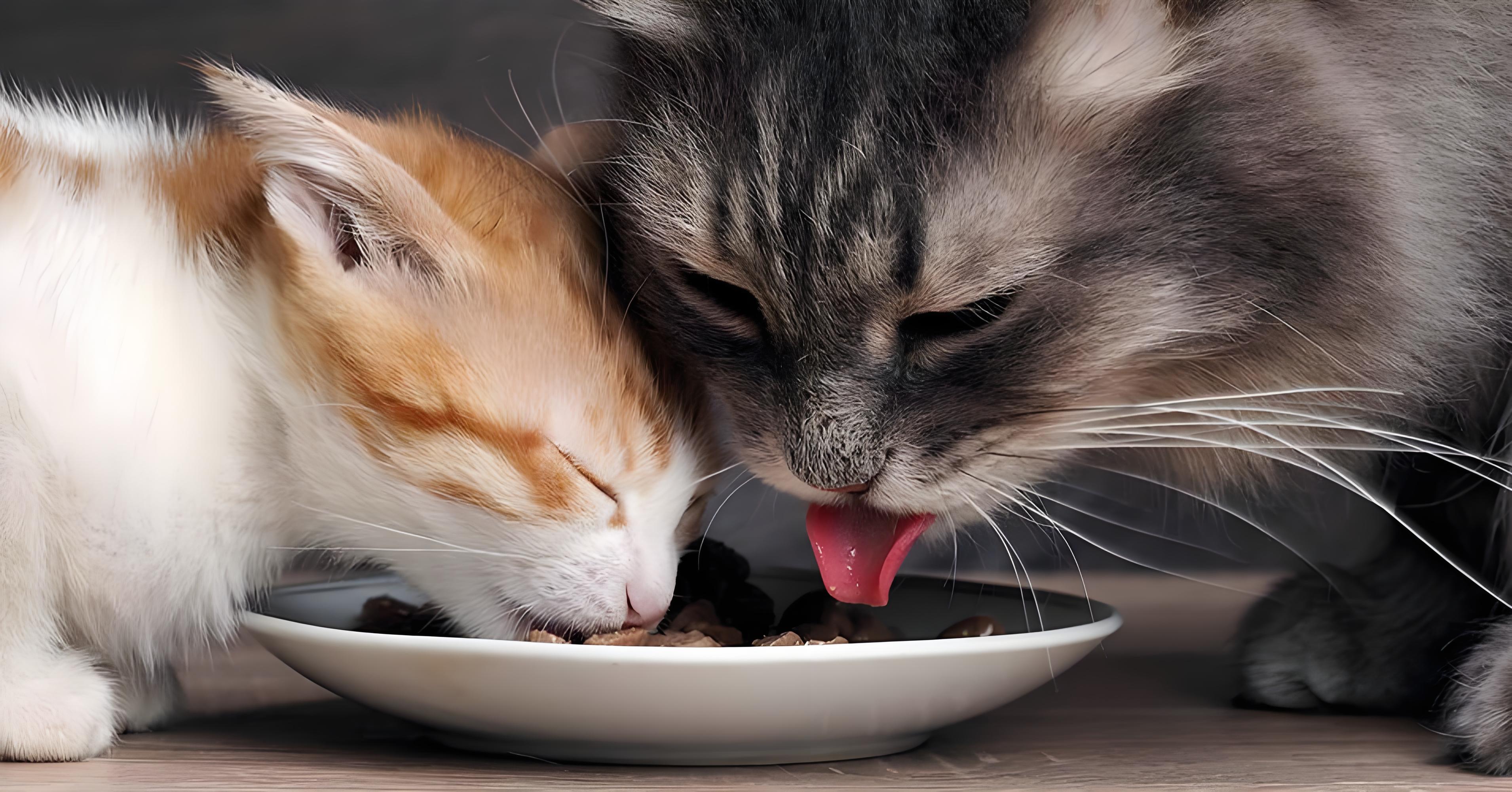 Two cats eating together from food bowls